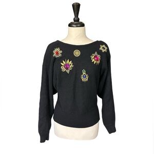 Vintage 80’s Womens Lambs Wool Angora Sweater Size L Black Gold Beaded Padded